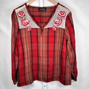 Shyanne Size Large Plaid Peasant Blouse Floral Embroidered Top Boho